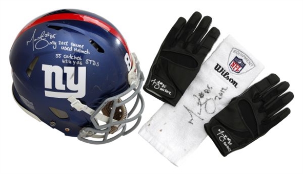 Martellus Bennett Game Worn and Signed New York Giants Helmet, Gloves, and Towel (Bennet LOA)
